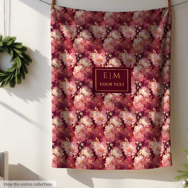Stilvolle Blush Burgundy Gold Custom Boho Floral Fleecedecke (Stylish Blush Burgundy Gold Custom Boho Floral Fleece Blanket)