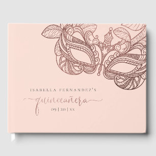 Stilvolle Blush & Rose Gold Masquerade Quinceañera Gästebuch