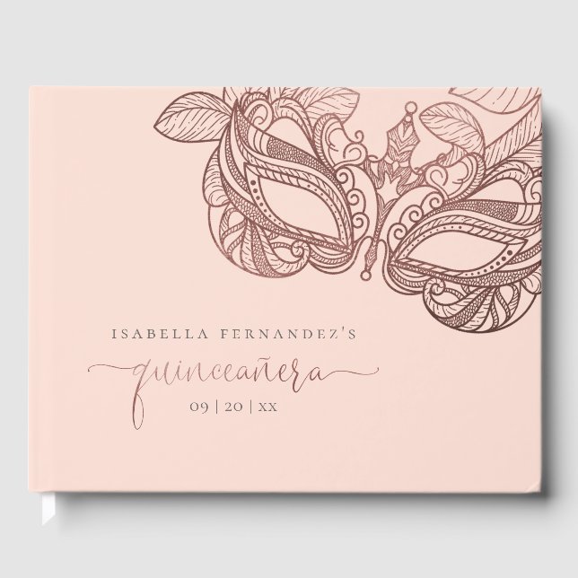 Stilvolle Blush & Rose Gold Masquerade Quinceañera Gästebuch (Vorderseite)