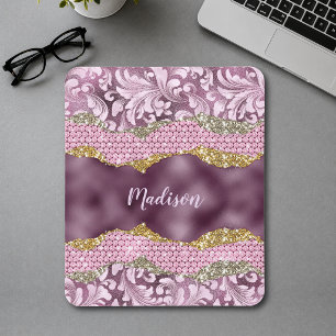 Stilvolle Blütenglanz, Lila rosa Goldmonogramm Mousepad