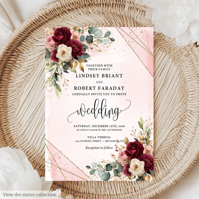 Stilvolle Boho Deep Red Blush Gold Blume Elegant Einladung (Stylish Boho Deep Red Blush Gold Flowers Elegant Invitation)