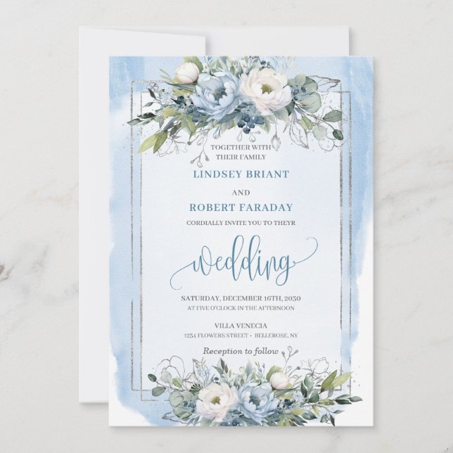 Stilvolle Boho Pastel Blue Silver Peonies Wedding Einladung (Vorderseite)