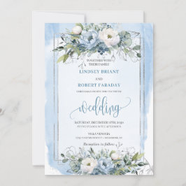 Stilvolle Boho Pastel Blue Silver Peonies Wedding Einladung