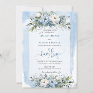 Stilvolle Boho Pastel Blue Silver Peonies Wedding Einladung