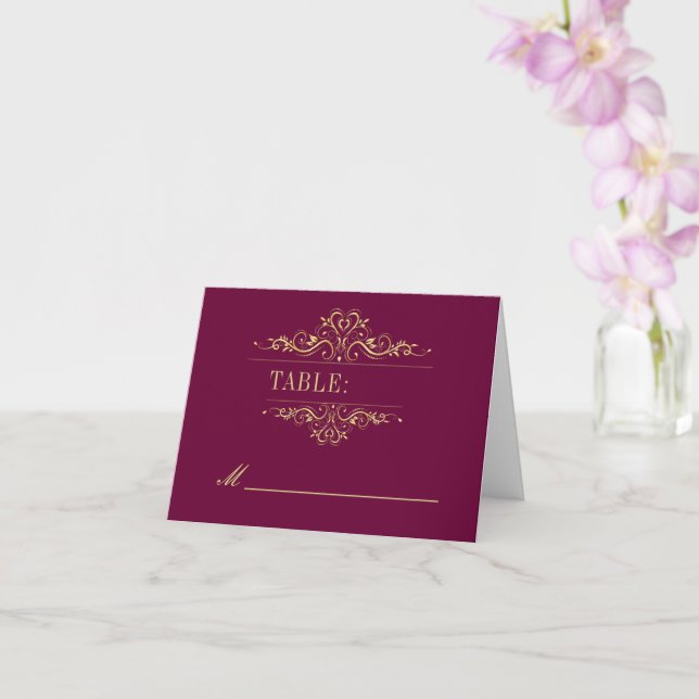 Stilvolle bordeauxfarbene Hochzeitsstätte Karte (Orchidee)