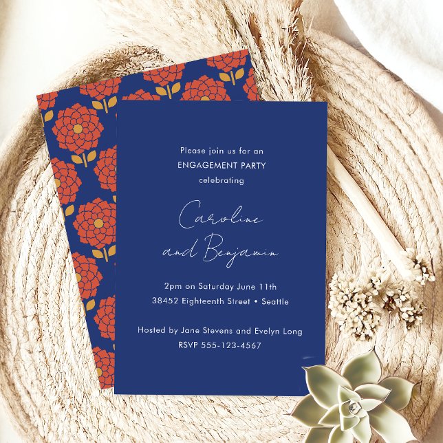Stilvolle botanische Blue Red Floral Engagement Pa Einladung (Von Creator hochgeladen)