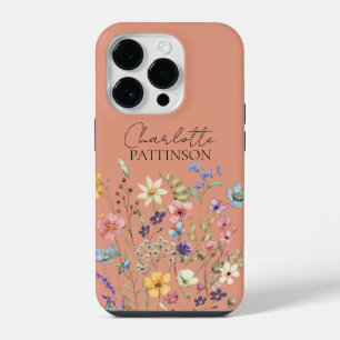 Stilvolle botanische Wildblumen-Monogramm-Pfirsich iPhone 14 Pro Hülle
