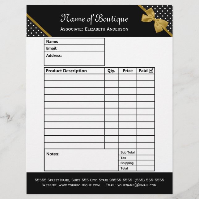 Stilvolle Boutique Polka Dots Gold Ribbon Bestellf (Vorderseite)