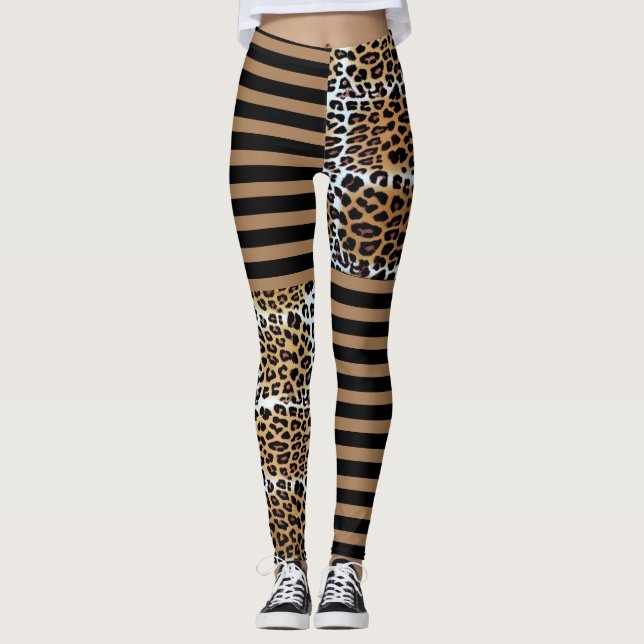 Stilvolle braune Leopard- und schwarz-braune Strei Leggings (Vorderseite)