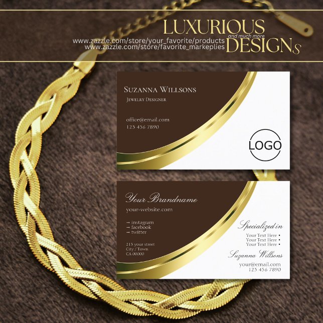 Stilvolle braune und weiße Nobelgoldtöne mit Logo Visitenkarte (Von Creator hochgeladen)