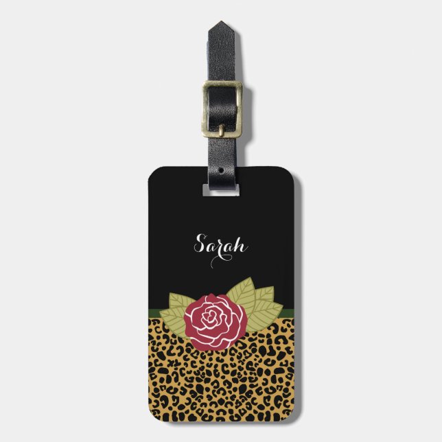 Stilvolle Brown-Goldleopard-Druck-Rote Rose und Gepäckanhänger (Vorderseite vertikal)