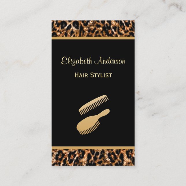 Stilvolle Brush Black and Gold Leopard Friseur Sal Visitenkarte (Vorderseite)