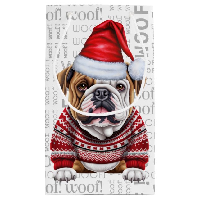 Stilvolle Bulldog und Woof Word Art Weihnachten Kleine Geschenktüte (Rückseite)