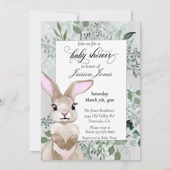 Stilvolle Bunny Foliage Blätter Aquarell Einladung (Vorderseite)