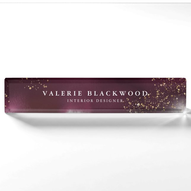 Stilvolle Burgund und Gold Glitzer Wasserfarbe Namensplakette (Vorderseite)