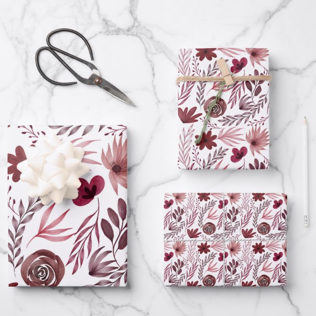 Stilvolle Burgundy Red Blume Floral Watercolor Geschenkpapier Set (Vorderseite)
