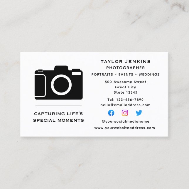Stilvolle Camera Freelance Fotograf Social Media Visitenkarte (Vorderseite)