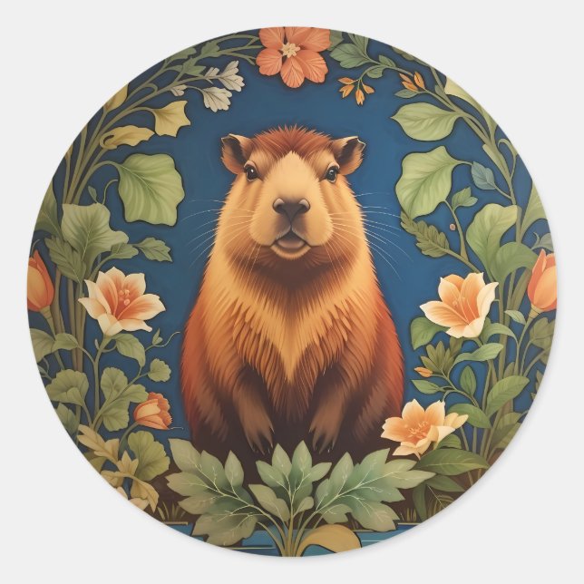Stilvolle Capybara - Inspiriert von William Morris Runder Aufkleber (Vorderseite)