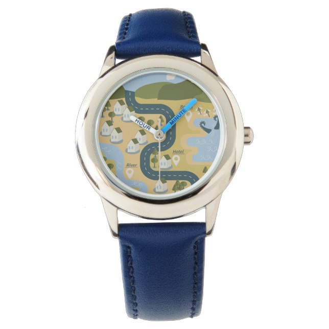Stilvolle Cartoon Landschaft Reiseplan Armbanduhr (Vorderseite)