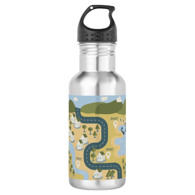Stilvolle Cartoon Landschaft Reiseplan Edelstahlflasche (Vorderseite)