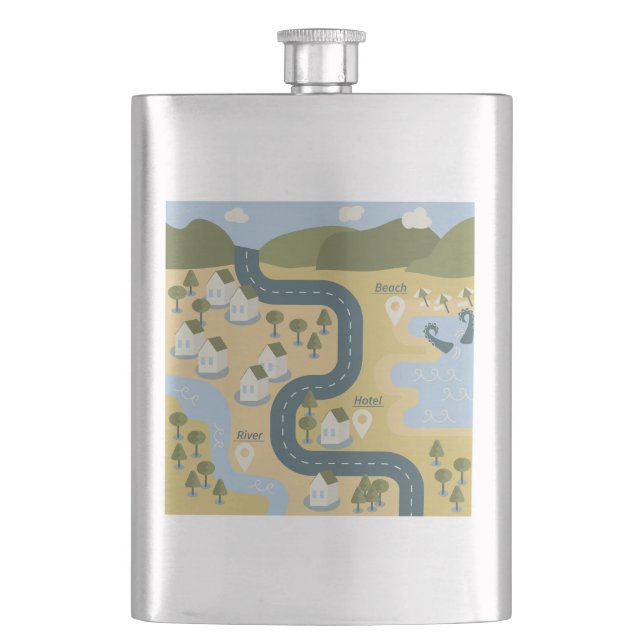 Stilvolle Cartoon Landschaft Reiseplan Flachmann (Vorderseite)