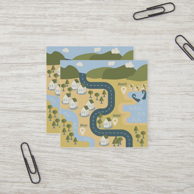 Stilvolle Cartoon Landschaft Reiseplan Quadratische Visitenkarte (Vorderseite/Rückseite Beispiel)
