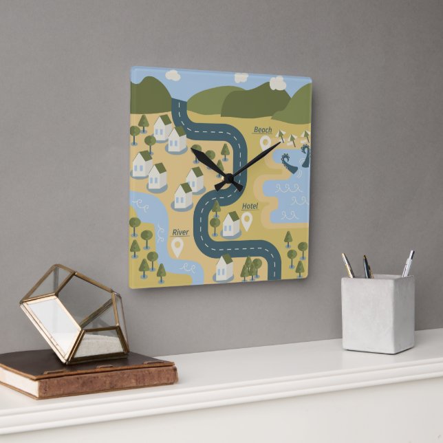 Stilvolle Cartoon Landschaft Reiseplan Quadratische Wanduhr (Büro)