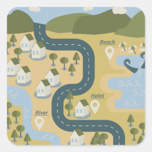 Stilvolle Cartoon Landschaft Reiseplan Quadratischer Aufkleber