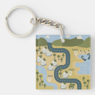 Stilvolle Cartoon Landschaft Reiseplan Schlüsselanhänger