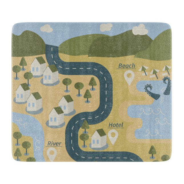 Stilvolle Cartoon Landschaft Reiseplan Schneidebrett (Vorderseite)