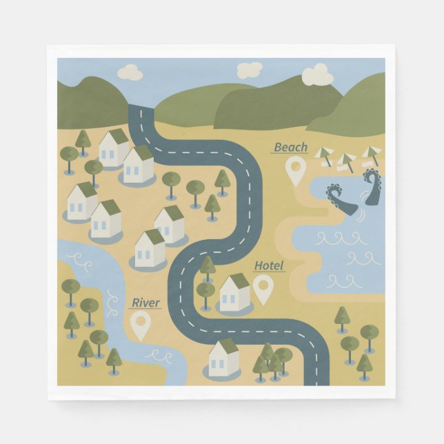 Stilvolle Cartoon Landschaft Reiseplan Serviette (Vorderseite)