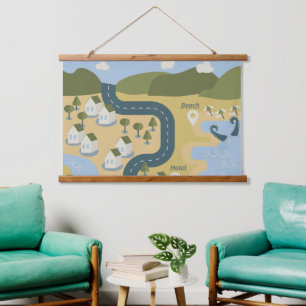 Stilvolle Cartoon Landschaft Reiseplan Wandteppich Mit Holzrahmen