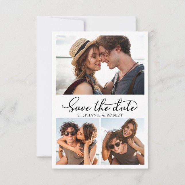 Stilvolle Chic Calligraphie 3 Foto Collage Wedding Save The Date (Vorderseite)