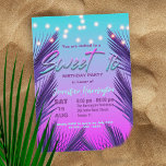 Stilvolle Chic Exotic Tropical Summer Sweet 16 Einladung<br><div class="desc">Treten Sie ein in eine Welt der Verzauberung mit unserer individualisierbaren Sweet 16 Geburtstagsfeier, die perfekt für Ihren besondere Anlass ist! Das Design zeichnet sich durch einen fesselnden Farbverlauf aus, der von einem mystischen zu einem aquamarinen übergeht und die Bühne für einen magischen Abend schafft. Festliche Saitenlichter blicken oben durch...</div>