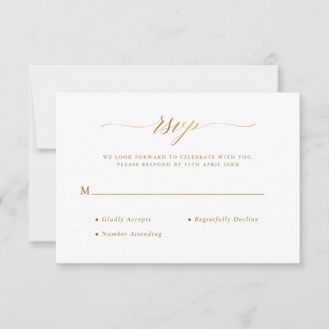 Stilvolle Chic Script Calligrafy Gold Foil Wedding RSVP Karte (Vorderseite)