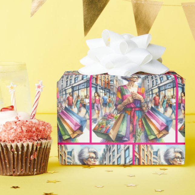 Stilvolle City Woman Shopper Geschenkpapier (Geburtstagsparty)