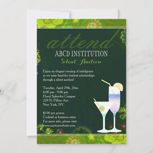 Stilvolle Cocktails Fundraising Stille Auktion Einladung (Vorderseite)