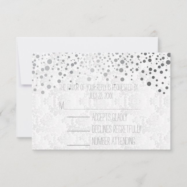 Stilvolle Confetti Silberpunkte | weiß RSVP Karte (Vorderseite)