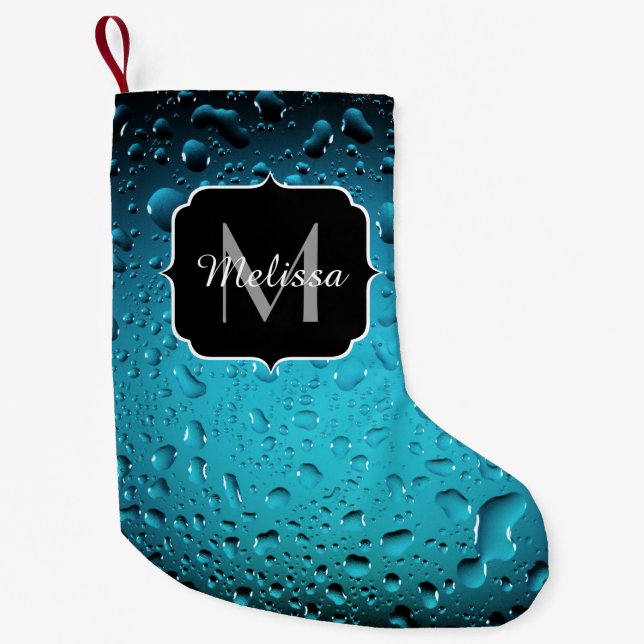 Stilvolle Coole blaue Wassertropfen Monogram Kleiner Weihnachtsstrumpf (Vorderseite)