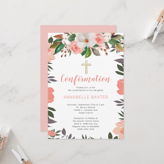 Stilvolle Coral Blush Floral Bestätigung Einladung (Vorderseite/Rückseite Beispiel)
