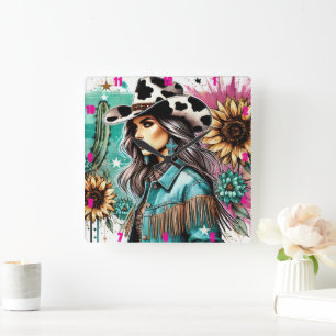 Stilvolle Cowgirl Illustration Floral Western Them Quadratische Wanduhr