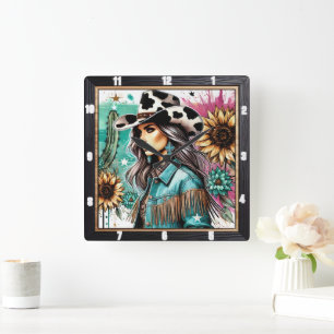 Stilvolle Cowgirl Illustration Floral Western Them Quadratische Wanduhr