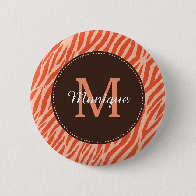 Stilvolle Dark Orange Zebra Print Monogram und Nam Button (Vorderseite)