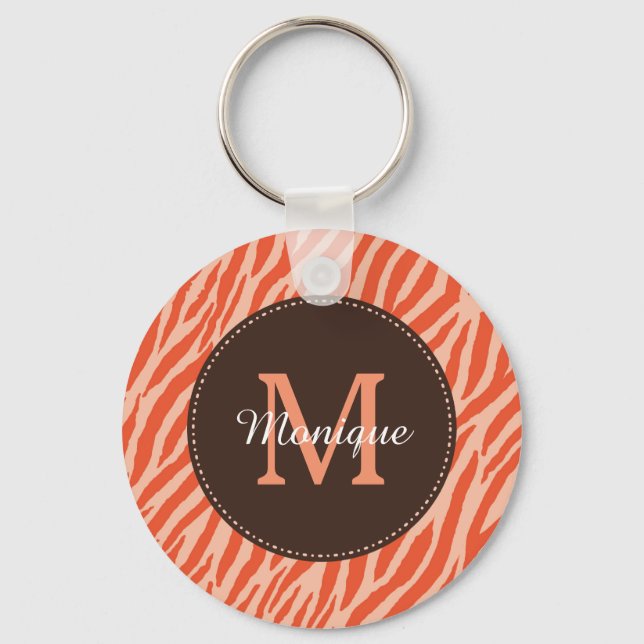 Stilvolle Dark Orange Zebra Print Monogram und Nam Schlüsselanhänger (Vorderseite)