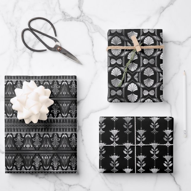 Stilvolle Deko-Muster in Schwarz und Silber Geschenkpapier Set (Vorderseite)