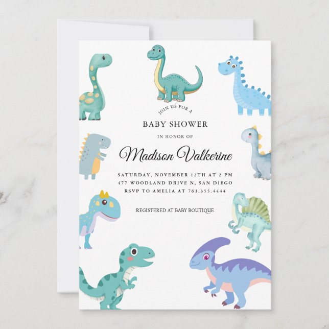 Stilvolle Dinosaurier-Baby-Party Weiß Einladung (Vorderseite)