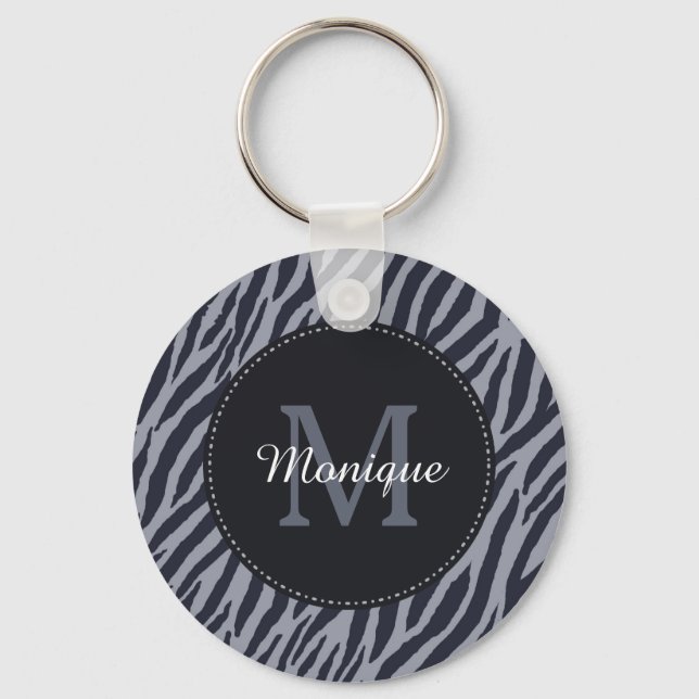Stilvolle dunkelgraue Zebra Print Monogram und Nam Schlüsselanhänger (Vorderseite)