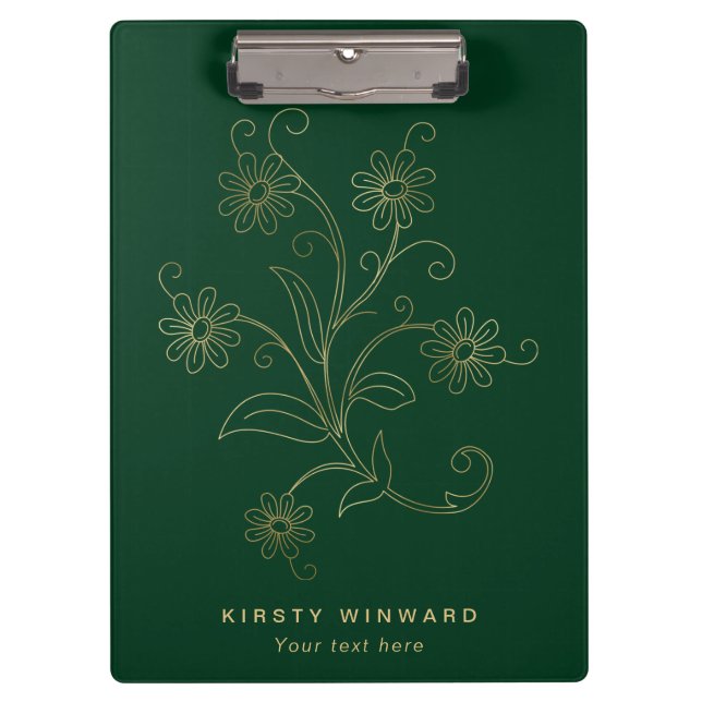 Stilvolle, dunkelgrüne und goldene botanische Blum Klemmbrett (Vorderseite)