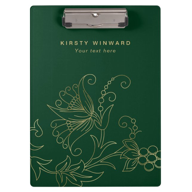 Stilvolle, dunkelgrüne und goldene botanische Blum Klemmbrett (Vorderseite)
