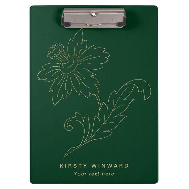 Stilvolle dunkelgrüne und goldene botanische Blume Klemmbrett (Vorderseite)